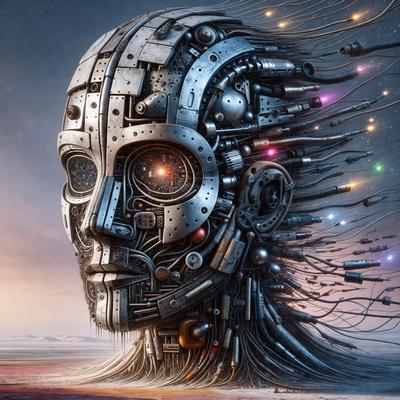 The primary subject of the image is a futuristic robot head with a lot of mechanical parts and wires. The setting is a desert-like environment, with a sky visible in the background. The visual style is a combination of digital art and illustration, creating a unique and intricate design. The colors and mood of the image are predominantly dark and moody, with the mechanical parts and wires adding a sense of complexity and intrigue to the scene.